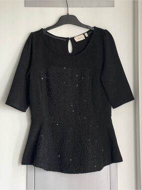 ANTHROPOLOGIE DELETTA Black Sequin Embellished Knit Peplum Top